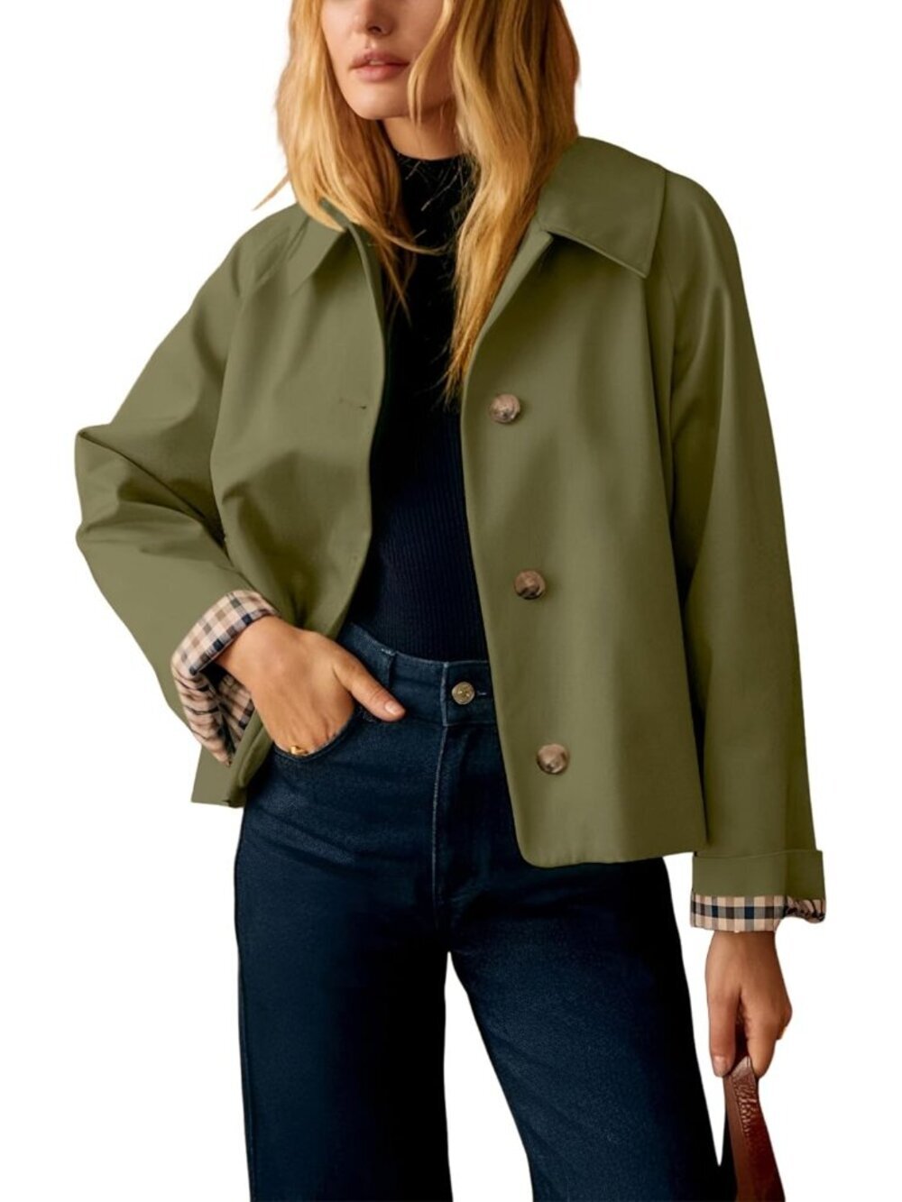 Women's Short Trench Jacket Plaid Lining Button Front with Pockets Olive Green